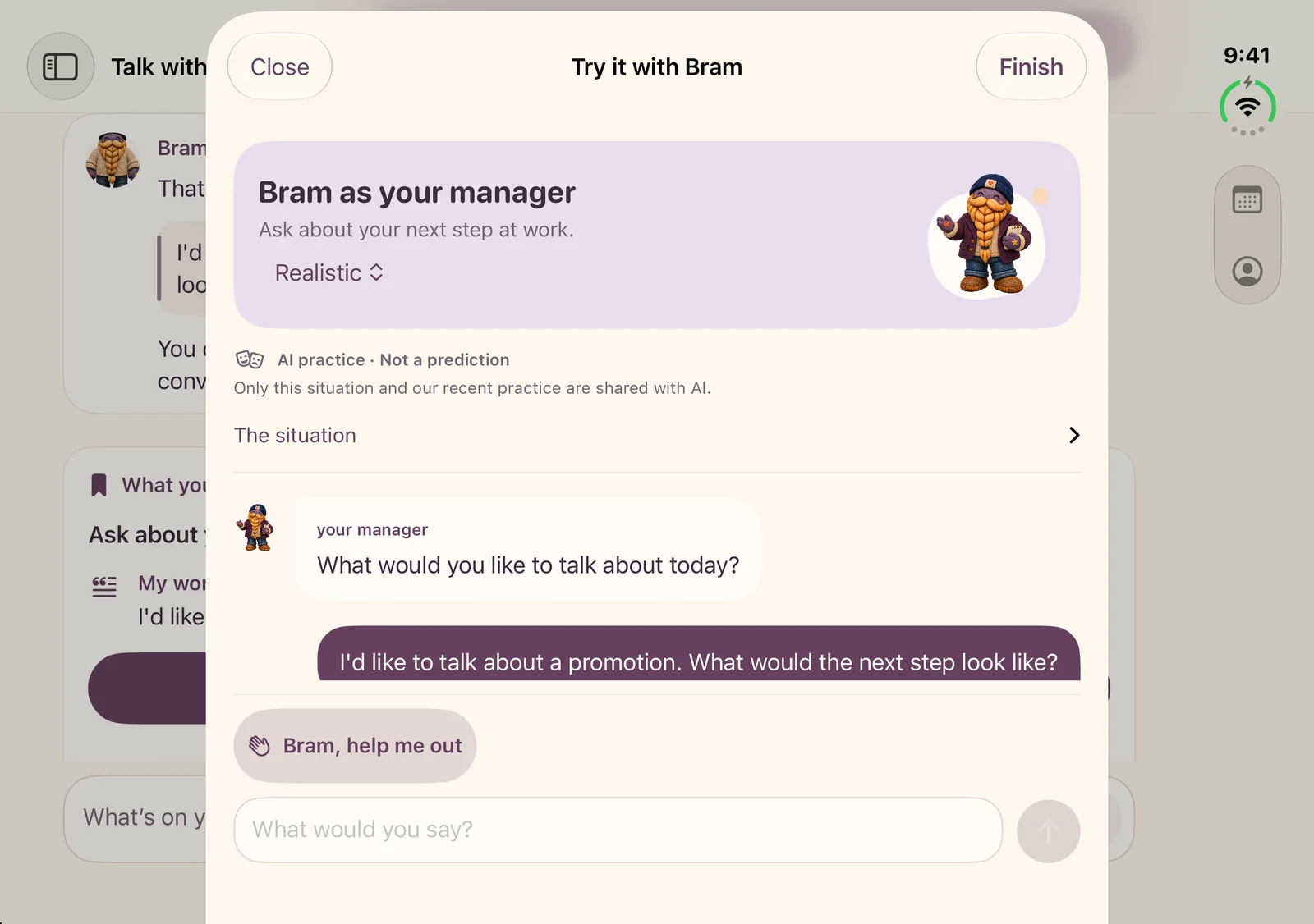 Bram on iPhone Duo, showing the native roleplay sheet with a fictional manager conversation.