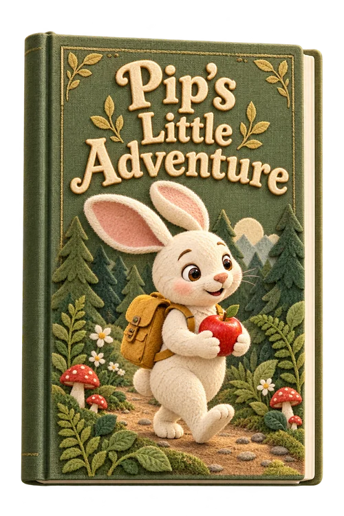 The felt cover of Pip’s Little Adventure, with Pip the rabbit holding an apple.
