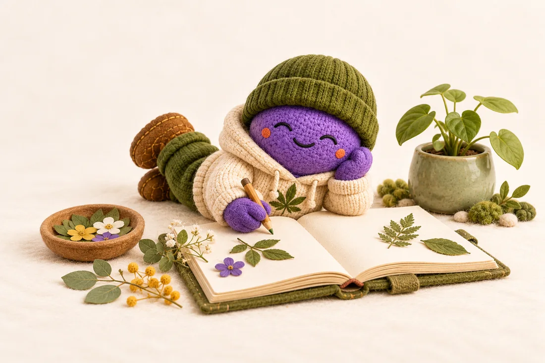Rosyn resting beside a blank journal, pressed botanical leaves, little flowers and a potted plant.