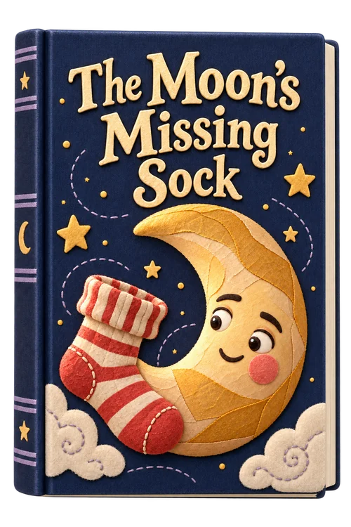 The blue cloth cover of The Moon’s Missing Sock, with a smiling paper moon and a striped sock.