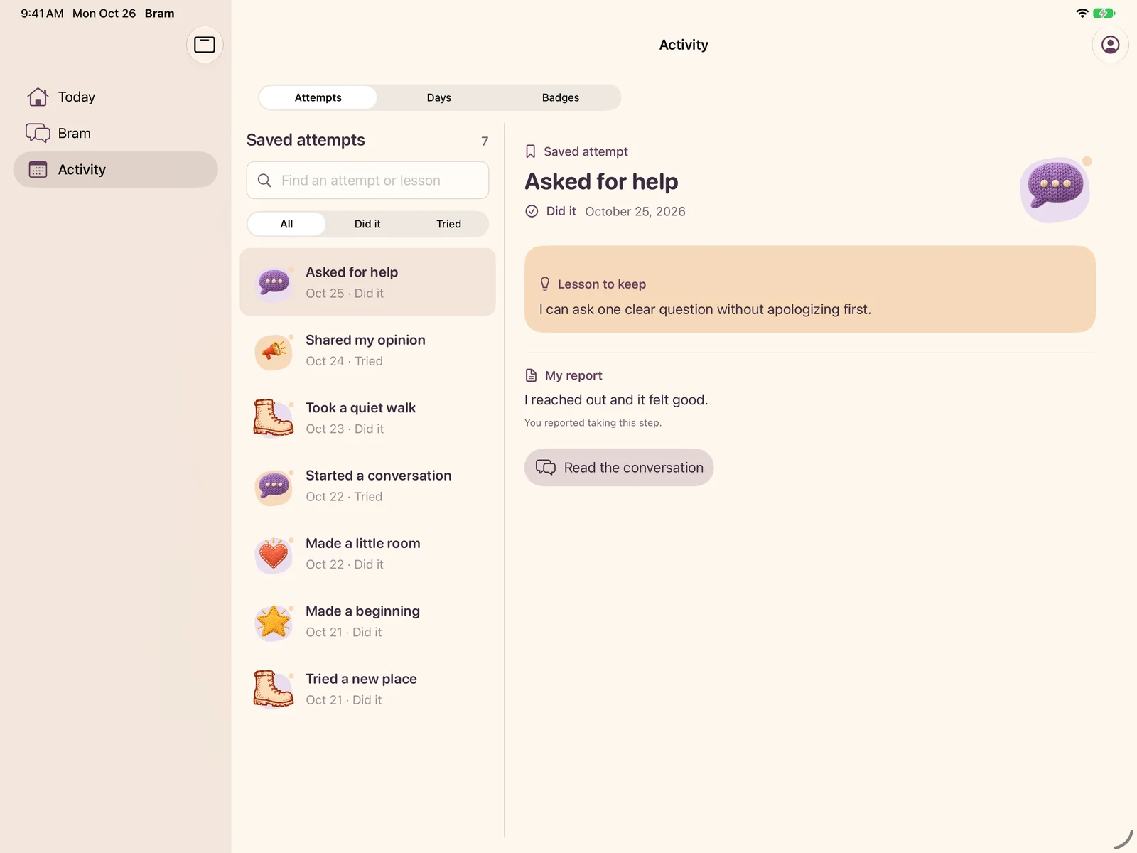Bram Activity on iPad, with fictional saved attempts and a selected lesson.