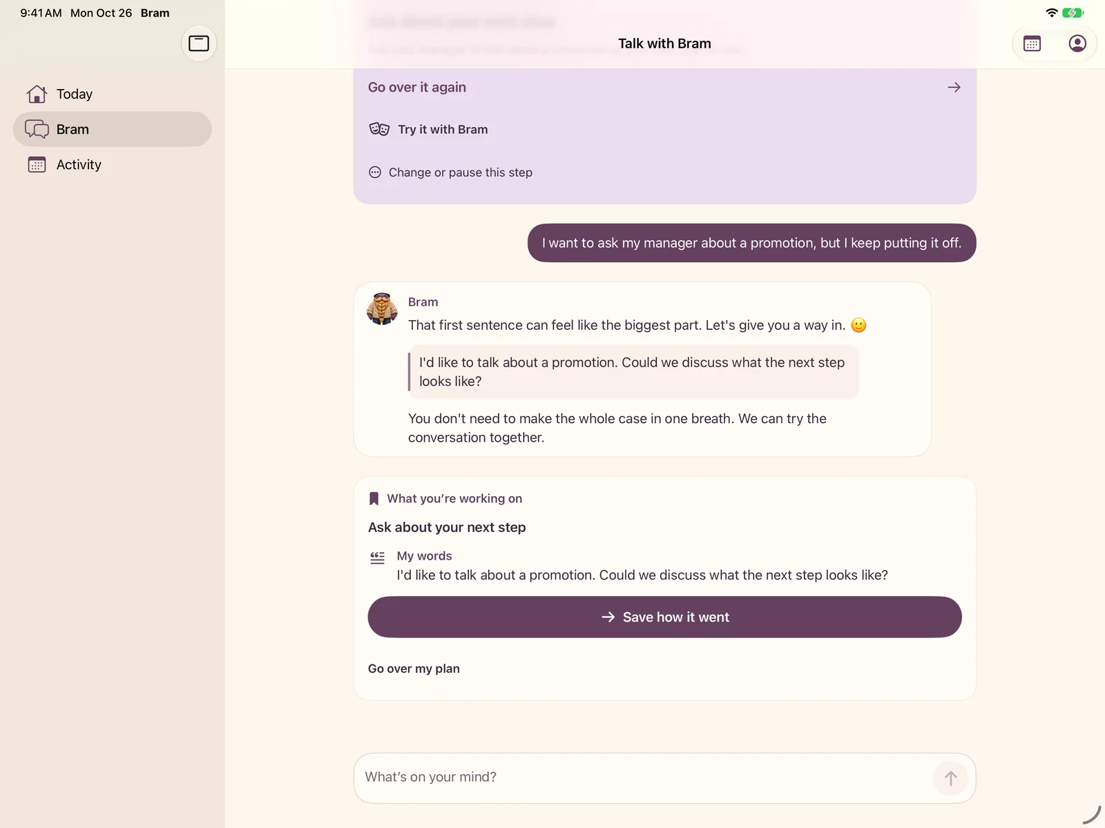 Bram on iPad, helping prepare words for a fictional conversation with a manager.